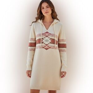 Woolrich Women's Size M Hooded Sweater Dress Beige Southwestern Tribal Aztec